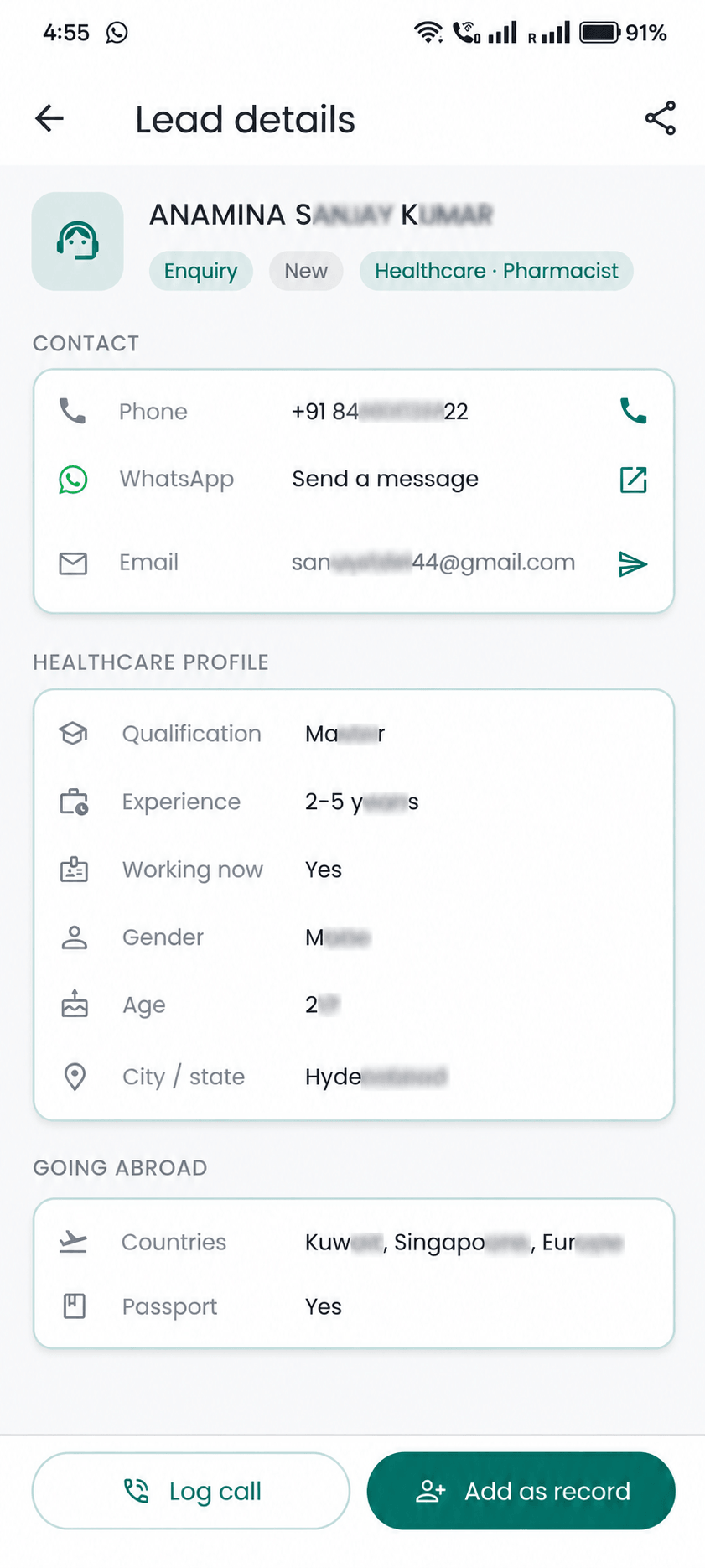 OHM Global Opportunities mobile app lead details screen, with personal details partly blurred