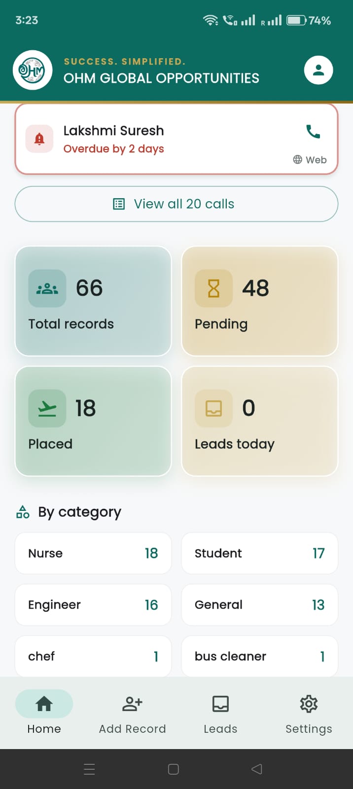 OHM Global Opportunities mobile app dashboard with record counts by category