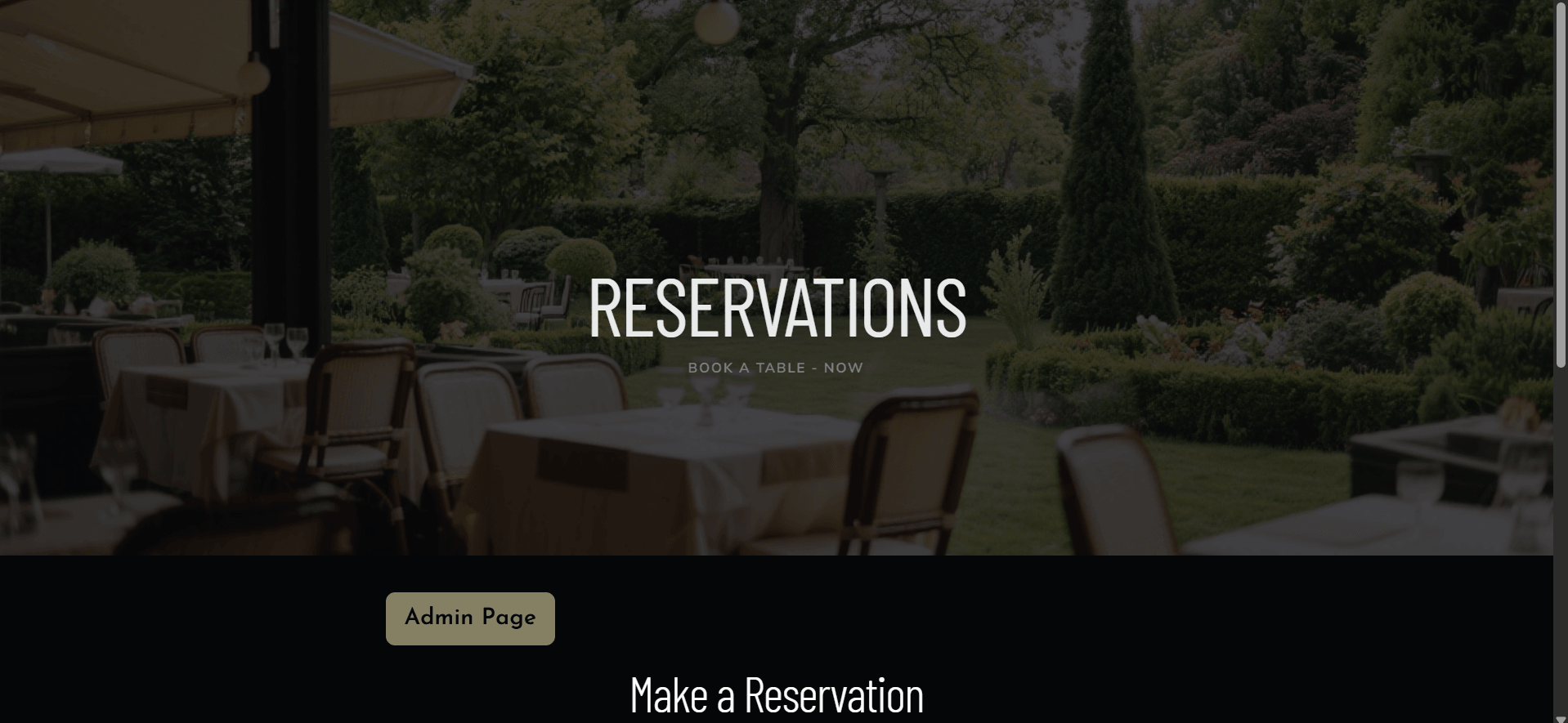 Restaurant reservations page with a link to the admin page