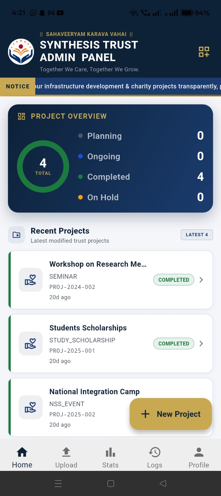 Synthesis Trust Admin Panel home screen with the project overview and recent projects