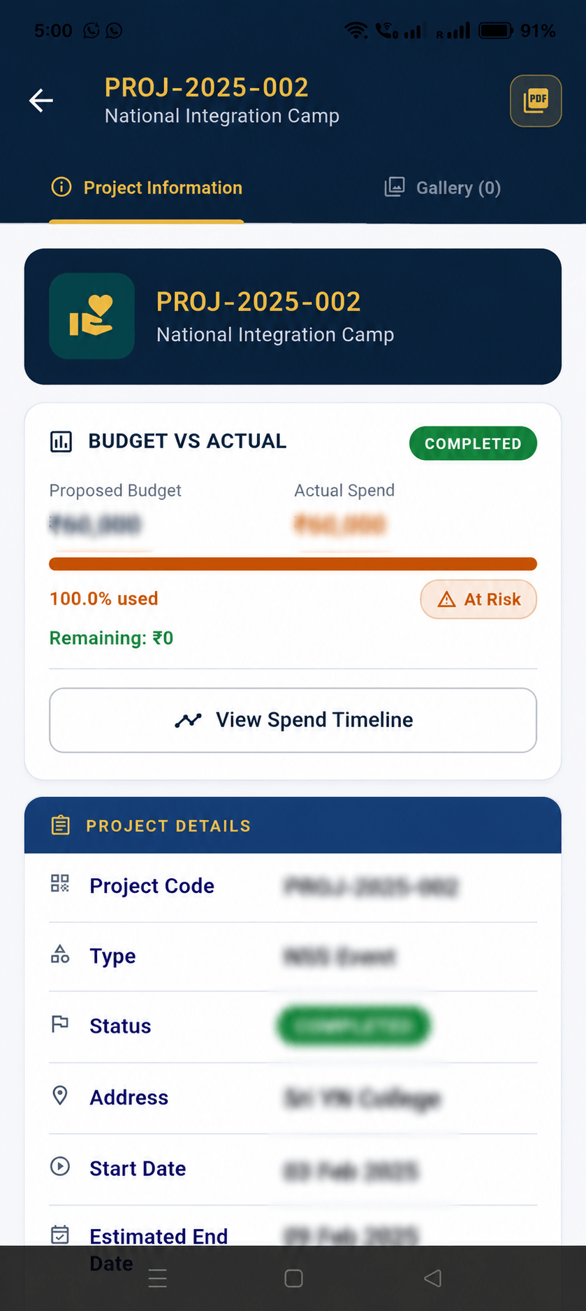 Synthesis Trust app project screen comparing budget with actual spend, with amounts blurred