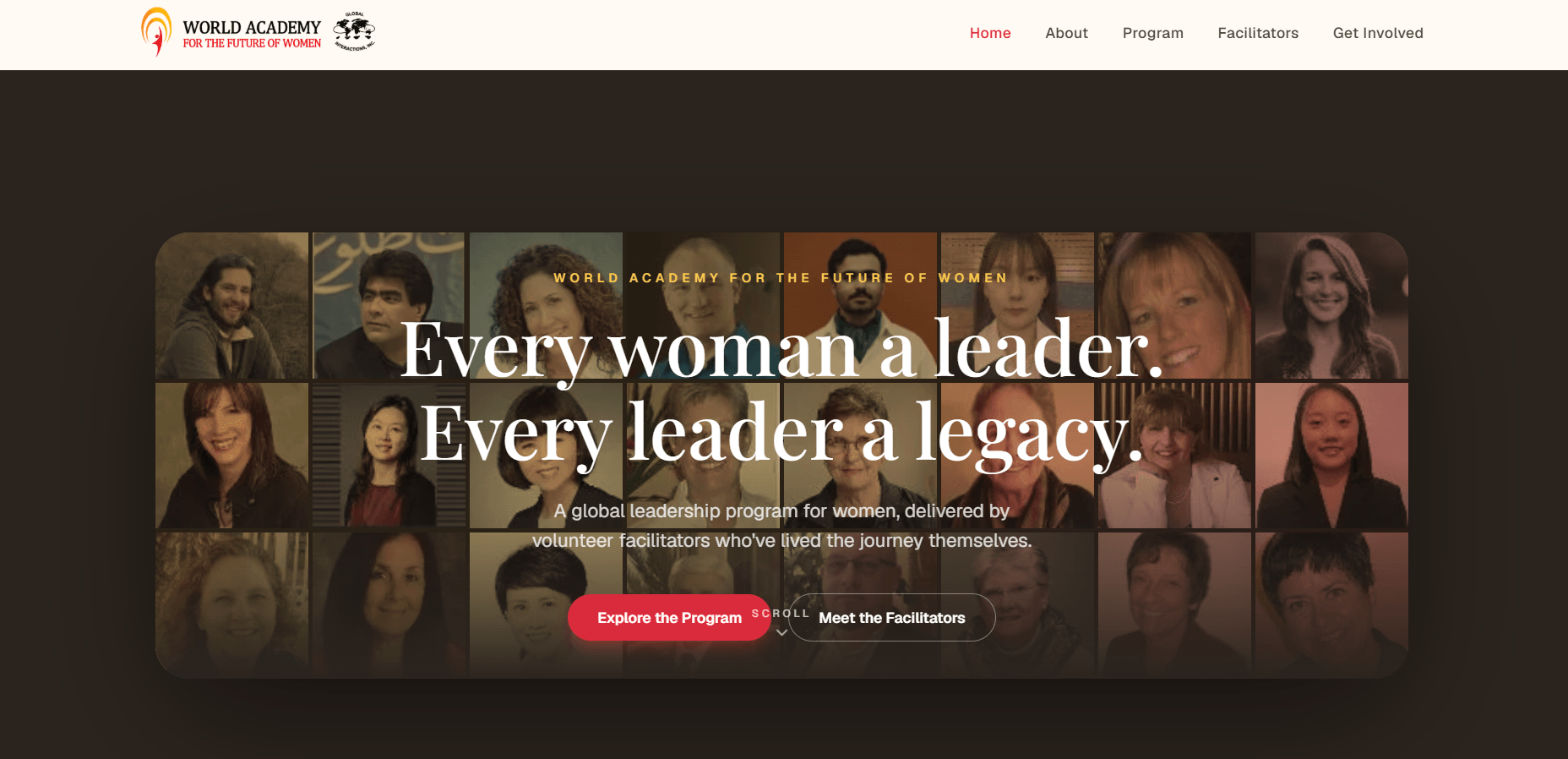 World Academy for the Future of Women home page, with the program headline over a grid of portraits